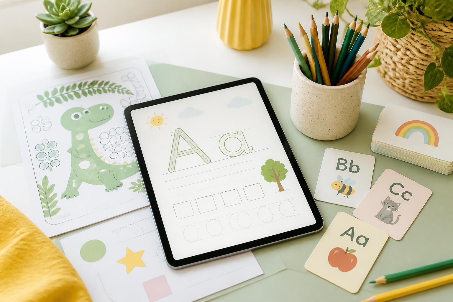 Mesa com atividades pedagógicas impressas, flashcards de alfabetização e tablet exibindo uma ficha de caligrafia